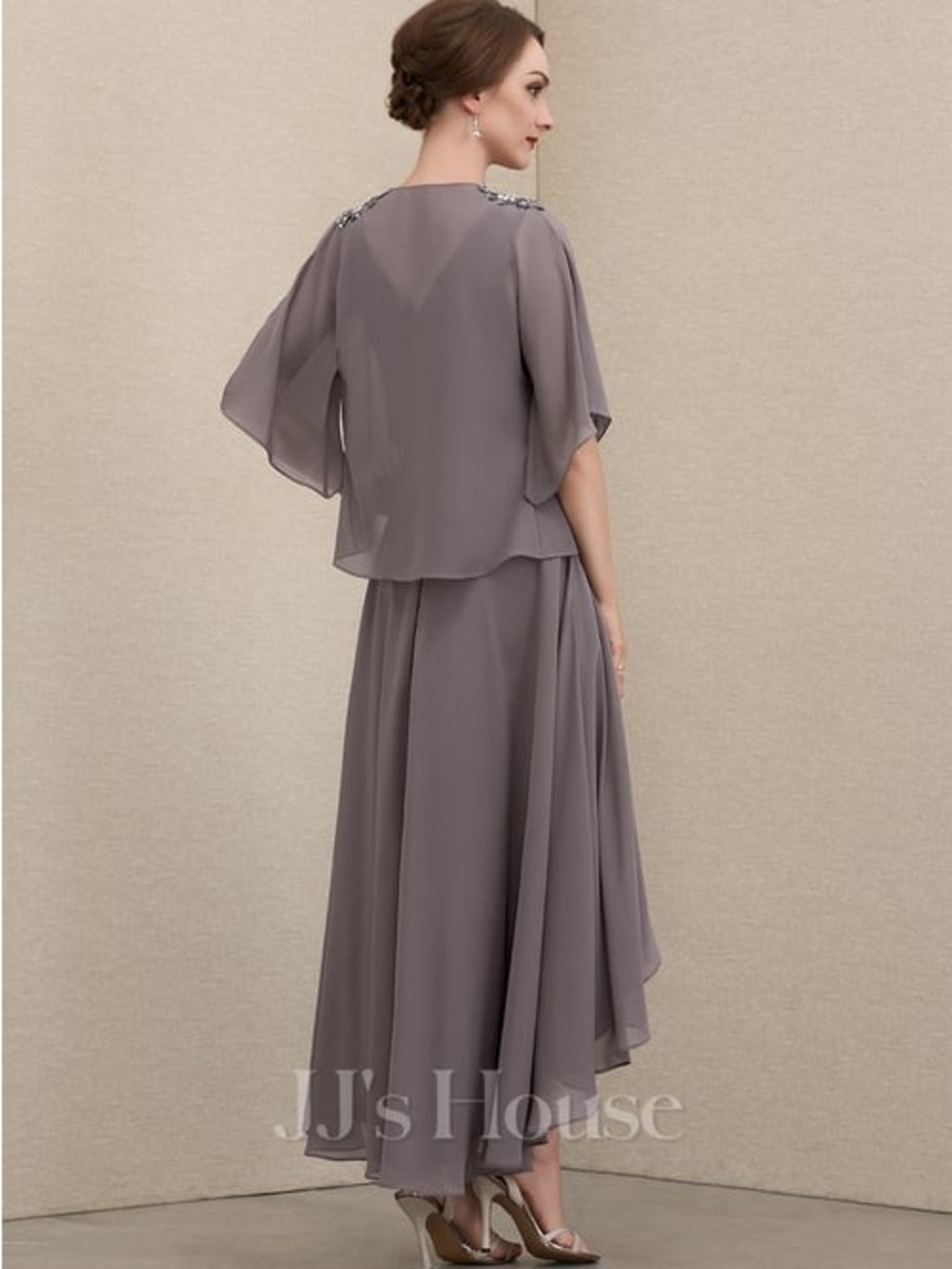 JJs House Taupe Grey Chiffon Two-Piece Evening Mother of the Bride Dress